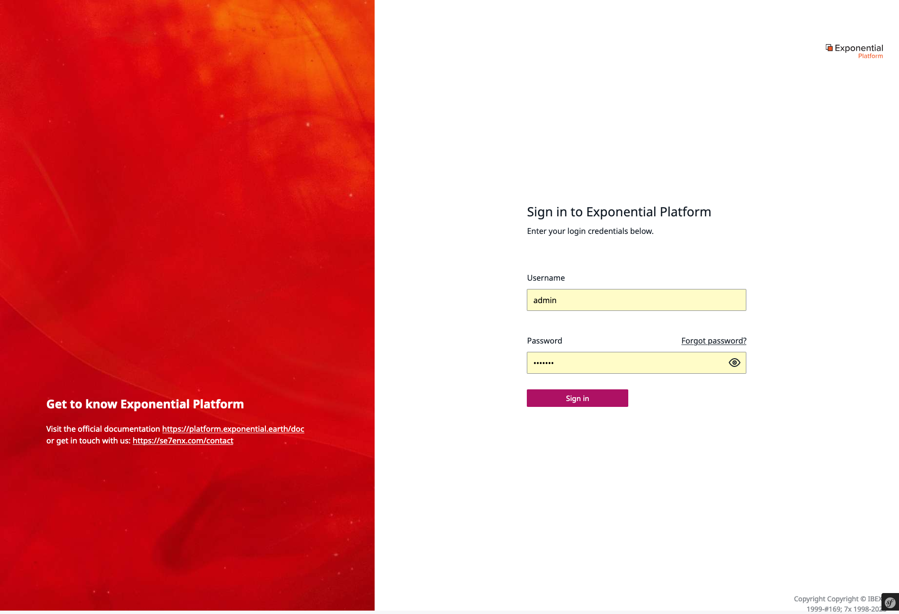 Exponential Platform 3.2 : Admin Site: Login Page Screenshot Exponential Platform 3.2 : Admin Site: Login Page Screenshot